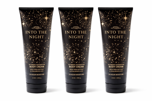 Bath & Body Works INTO THE NIGHT Body Cream x3 Pack Ultimate Hydration Shea Butter Hyaluronic Acid 8 oz bundle My Wrinkles Gone black gold luxury moisturizer trio