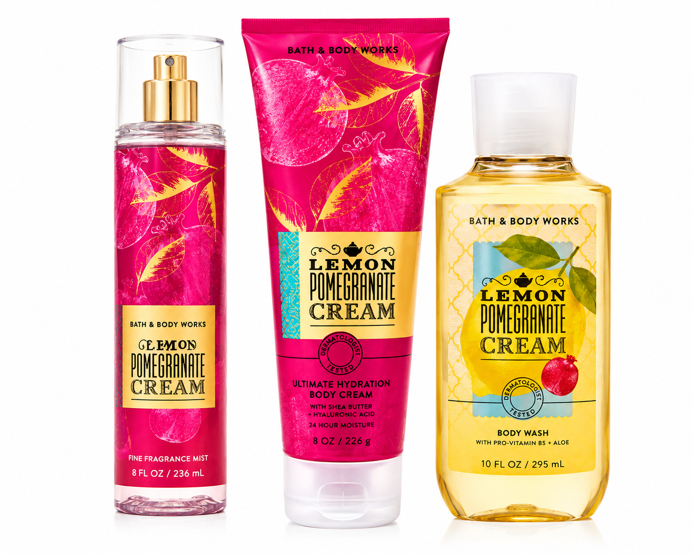 Bath & Body Works LEMON POMEGRANATE CREAM 3-Step Body Care Set featuring Fine Fragrance Mist, Ultimate Hydration Body Cream and Body Wash with bright lemon, juicy pomegranate and sweet cream fragrance on a pure white background
