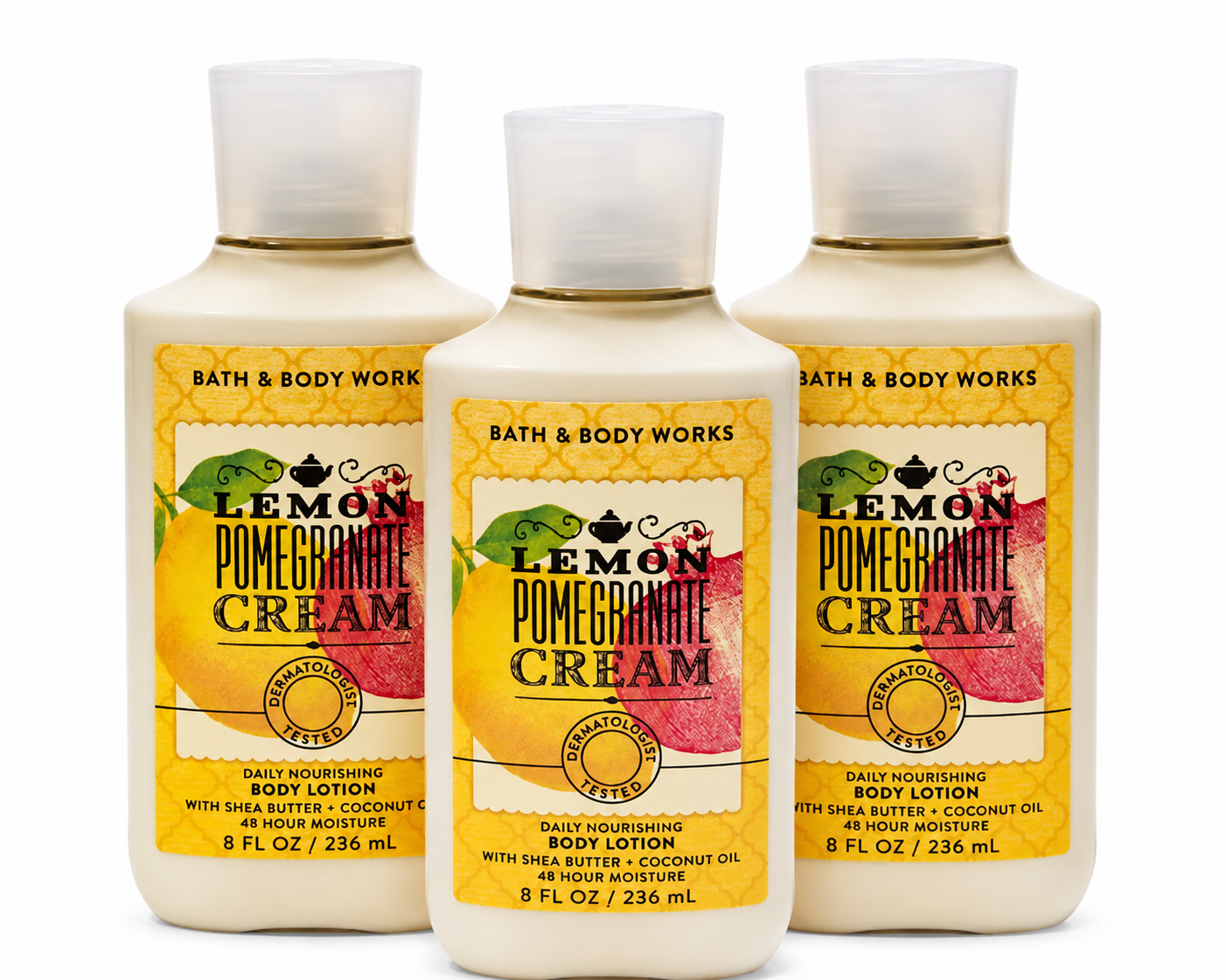 Bath & Body Works LEMON POMEGRANATE CREAM Daily Nourishing Body Lotion 3-Pack 8 oz bottles arranged in MWG style with one bottle in front and two slightly behind featuring bright lemon, juicy pomegranate and sweet cream fragrance with Shea Butter and Coconut Oil on a pure white background for gifting and everyday hydration