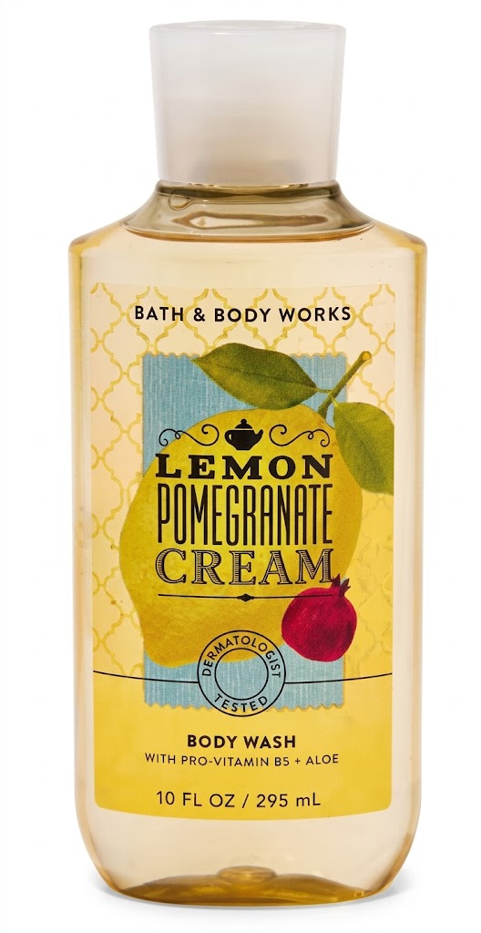 Bath & Body Works LEMON POMEGRANATE CREAM Body Wash 10 oz single bottle featuring bright lemon, juicy pomegranate and sweet cream fragrance with Pro-Vitamin B5 and Aloe on a pure white background