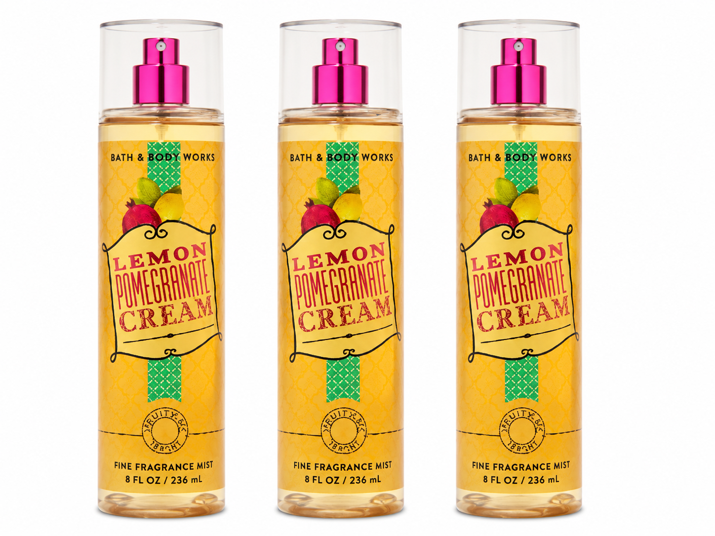 Bath & Body Works LEMON POMEGRANATE CREAM Fine Fragrance Mist 3-Pack 8 oz bottles featuring bright lemon, juicy pomegranate and sweet cream fragrance notes on a pure white background for gifting and everyday wear