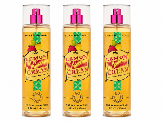 Bath & Body Works LEMON POMEGRANATE CREAM Fine Fragrance Mist 3-Pack 8 oz bottles featuring bright lemon, juicy pomegranate and sweet cream fragrance notes on a pure white background for gifting and everyday wear