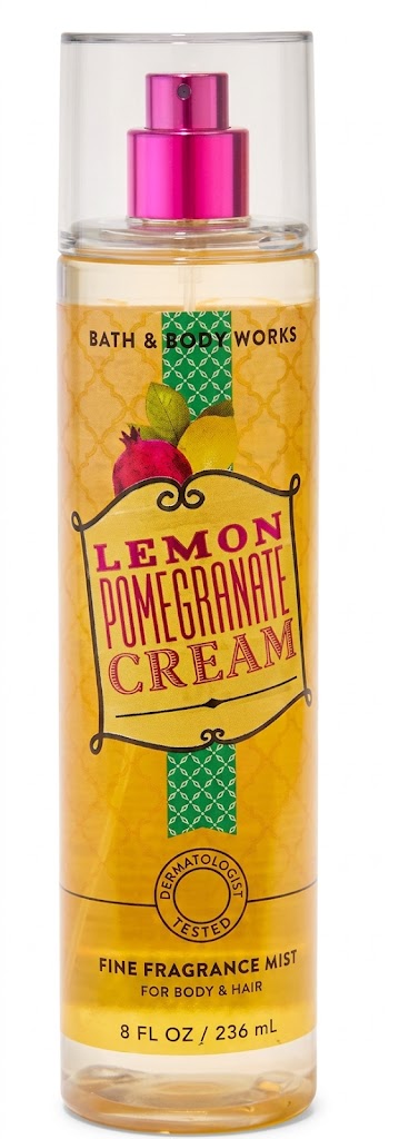 Bath & Body Works LEMON POMEGRANATE CREAM Fine Fragrance Mist 8 oz single bottle featuring bright lemon, juicy pomegranate and sweet cream fragrance notes on a pure white background