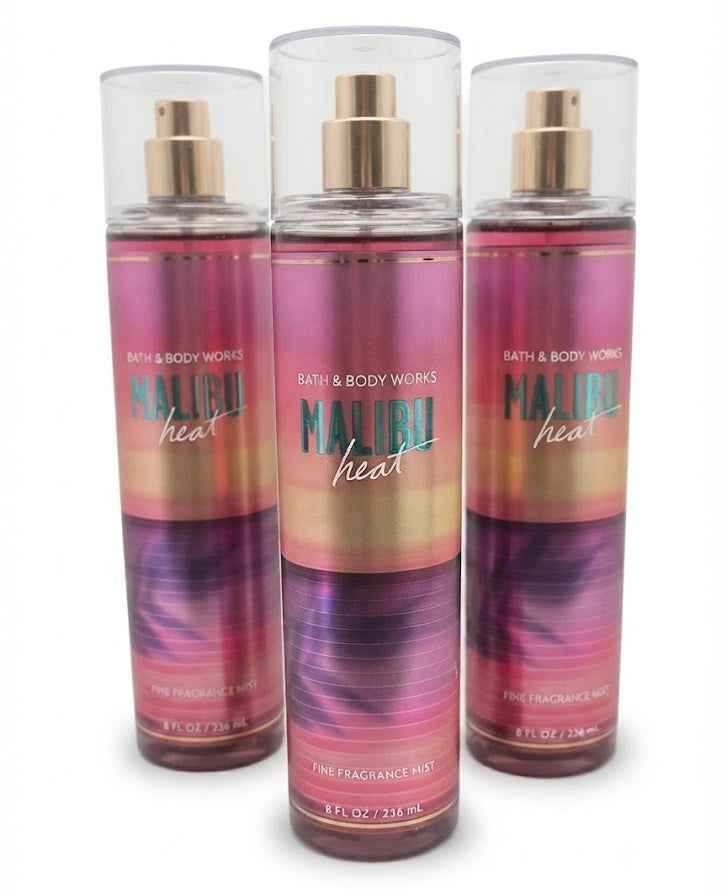 Bath & Body Works MALIBU HEAT Fine Fragrance Mist 3-Pack, three 8 oz bottles with warm tropical fragrance