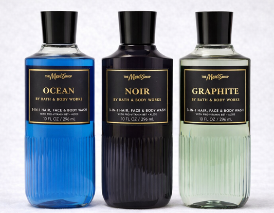 Bath and Body Works mens 3 in 1 hair face and body wash set OCEAN NOIR GRAPHITE 10 oz bottles masculine shower gel collection premium men grooming essentials My Wrinkles Gone