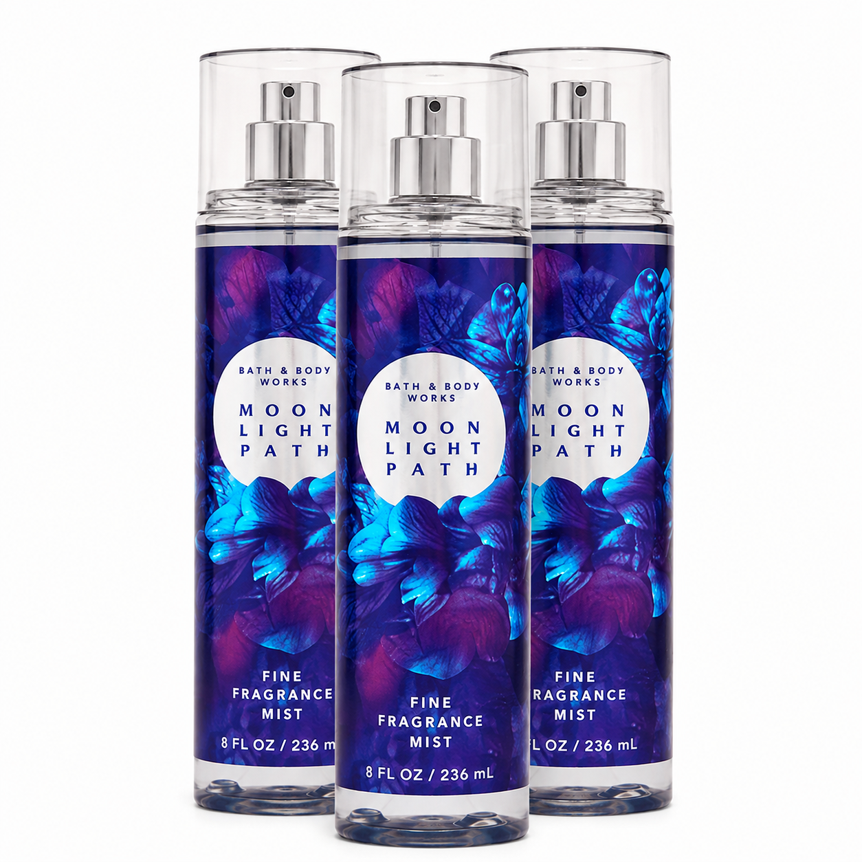 Bath & Body Works Moonlight Path Fine Fragrance Mist 3-pack with one bottle in front and two slightly behind on white background