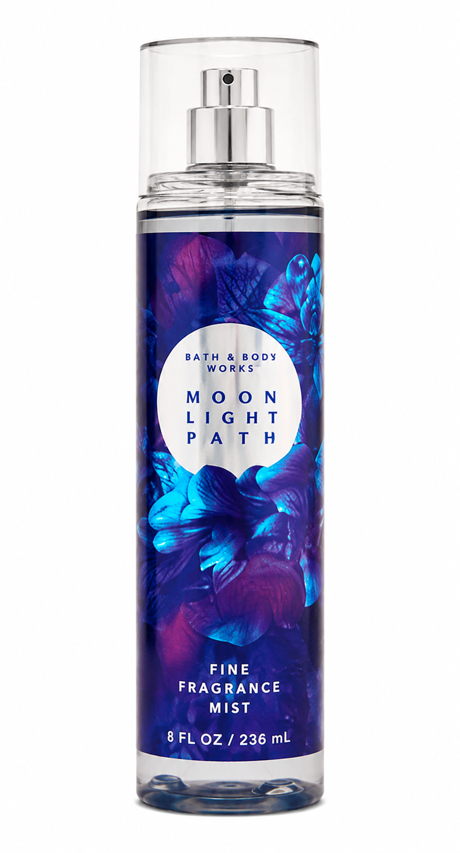 A bottle of Bath & Body Works Moonlight Path Fine Fragrance Mist with a clear cap and a blue and purple floral label, shown on a white background.