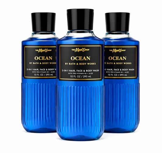 Bath and Body Works OCEAN mens body wash 3 pack 10 oz bottles 3 in 1 hair face and body wash fresh clean aquatic scent men grooming shower gel bundle