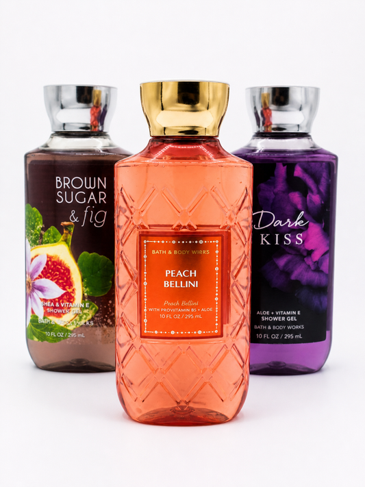 Bath & Body Works PEACH BELLINI DARK KISS BROWN SUGAR & FIG body wash 3 pack 10 oz each rare bundle