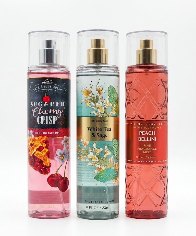 Bath & Body Works PEACH BELLINI WHITE TEA & SAGE SUGARED CHERRY CRISP fragrance mist 3 pack 8 oz each rare bundle