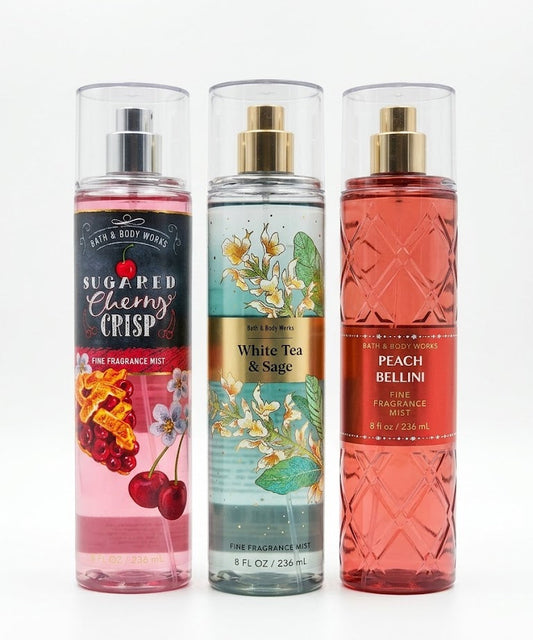 Bath & Body Works PEACH BELLINI WHITE TEA & SAGE SUGARED CHERRY CRISP fragrance mist 3 pack 8 oz each rare bundle