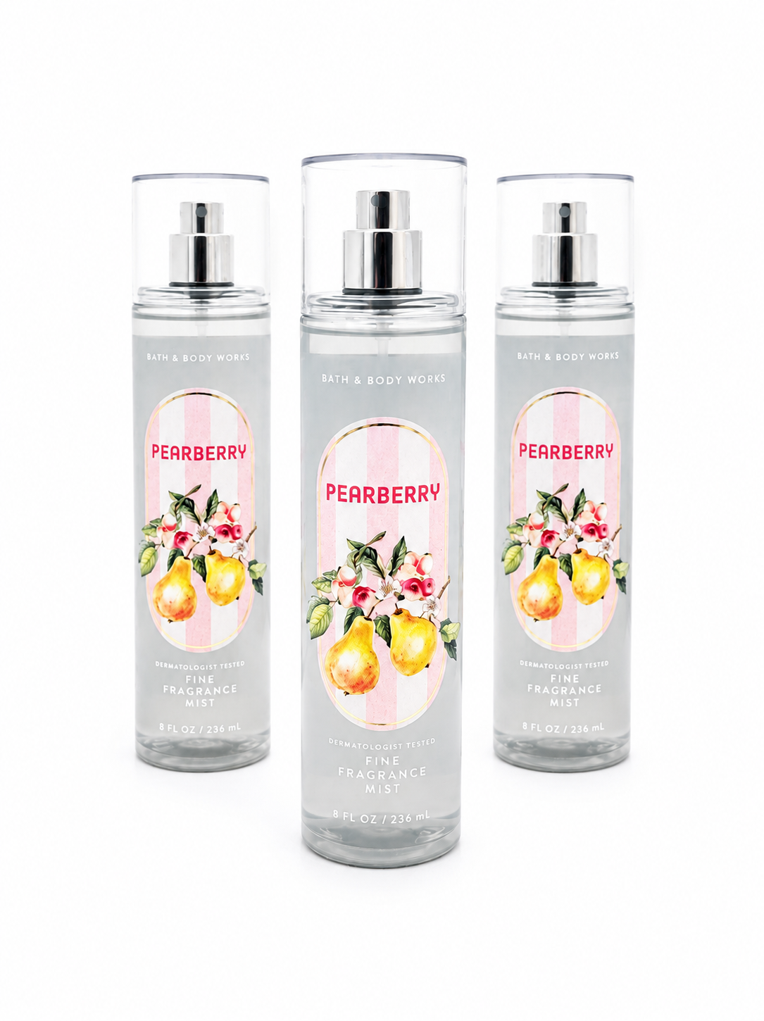 Bath & Body Works PEARBERRY Fine Fragrance Mist 3-Pack 8 oz bottles with juicy pear and berry fragrance on a pure white background for online shopping and gifting