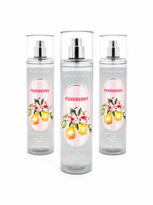 Bath & Body Works PEARBERRY Fine Fragrance Mist 3-Pack 8 oz bottles with juicy pear and berry fragrance on a pure white background for online shopping and gifting