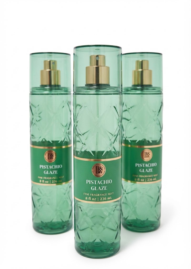 Bath & Body Works PISTACHIO GLAZE Fine Fragrance Mist 3-Pack, three 8 oz bottles with sweet gourmand pistachio fragrance