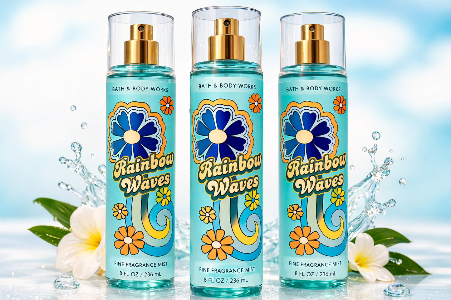 Bath & Body Works Rainbow Waves Fine Fragrance Mist 3-Pack (8 fl oz each) with tropical summer flowers and water splash background, colorful retro floral body spray bundle, fresh beach vibe fragrance available at My Wrinkles Gone.