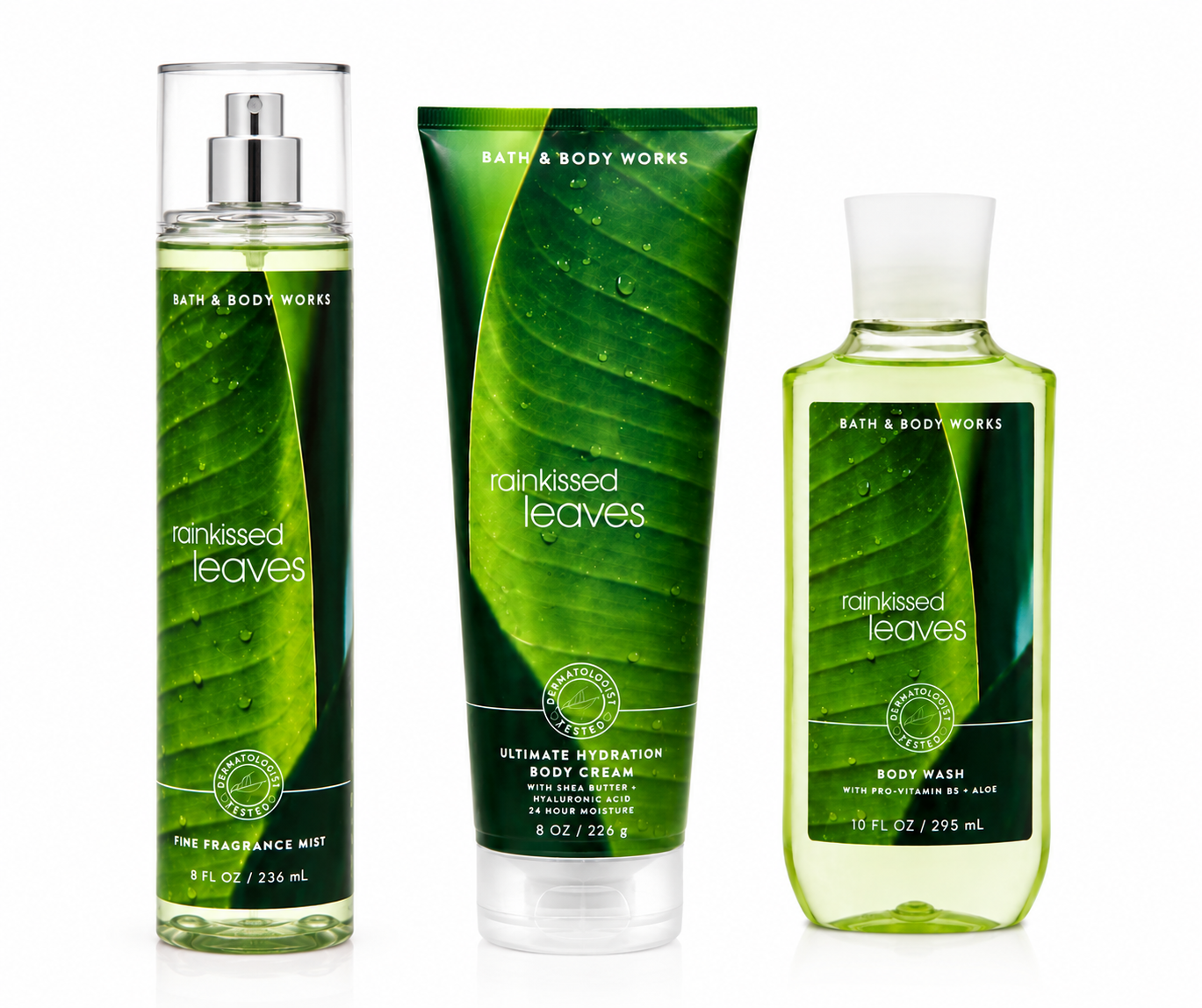 Bath & Body Works RAINKISSED LEAVES 3-Step Body Care Set featuring Fine Fragrance Mist, Ultimate Hydration Body Cream, and Body Wash with a fresh green botanical fragrance on a pure white background