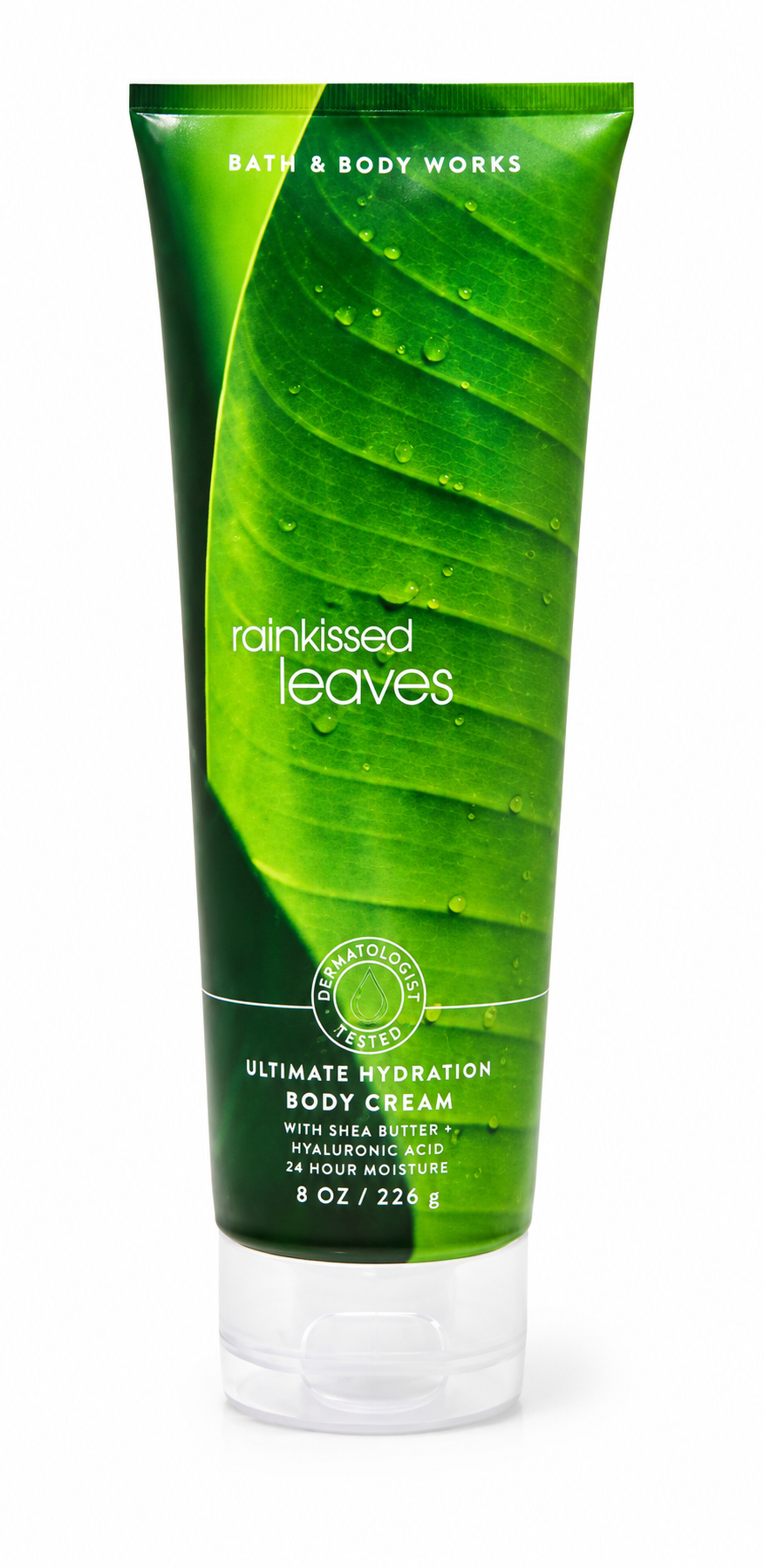 Bath & Body Works RAINKISSED LEAVES Ultimate Hydration Body Cream 8 oz single tube featuring a fresh green botanical fragrance with Shea Butter and Hyaluronic Acid on a pure white background