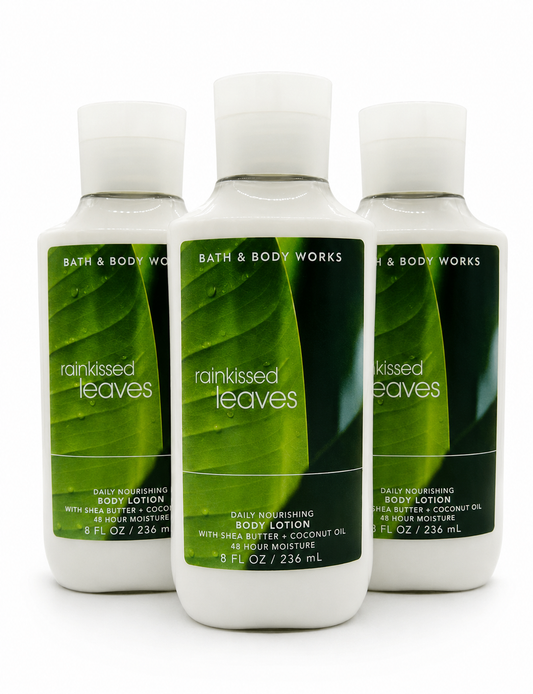 Three Bath & Body Works RAINKISSED LEAVES body lotion 8 oz bottles