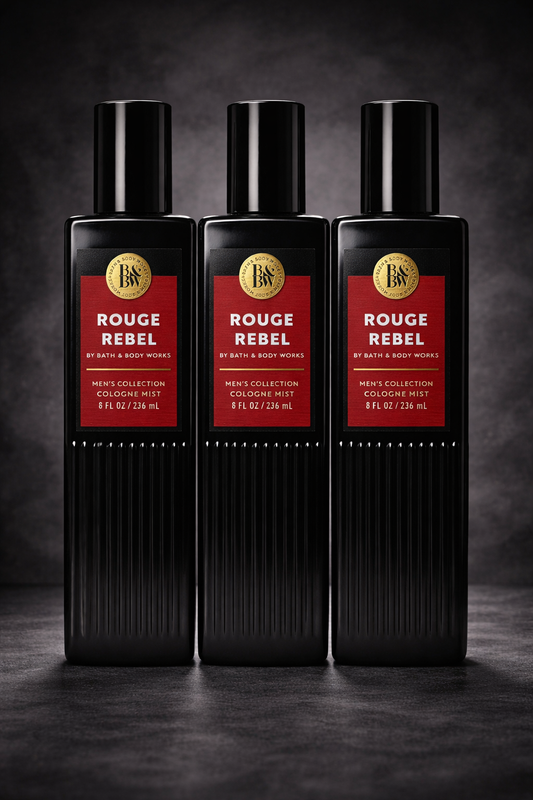Bath & Body Works Rouge Rebel Men's Collection Cologne Mist 3-Pack (8 fl oz each) – premium men's fragrance bundle with three black bottles and red labels arranged symmetrically, hero product image for Pinterest, available at My Wrinkles Gone.