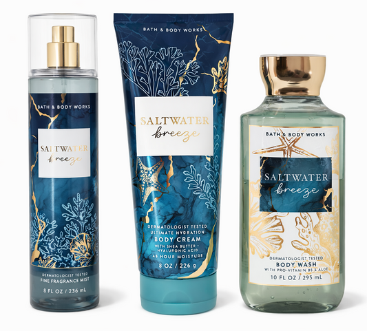 Bath & Body Works SALTWATER BREEZE 3 step body care set including fine fragrance mist 8 oz 236 ml body cream 8 oz 226 g and body wash 10 oz 295 ml ocean fresh scent bundle for daily routine My Wrinkles Gone