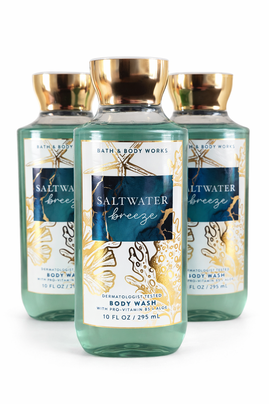 Bath & Body Works SALTWATER BREEZE Body Wash 10 oz 3 pack bundle with aloe and pro vitamin B5 hydrating shower gel fresh aquatic scent MWG