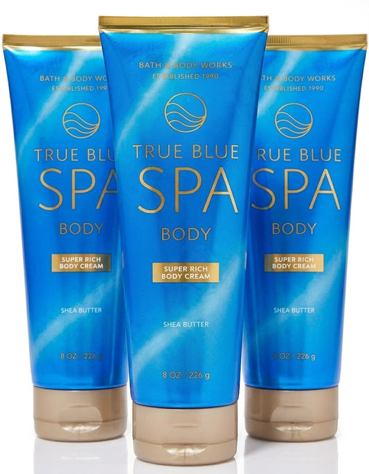 Shop Bath & Body Works True Blue Spa Super Rich Body Cream with Shea Butter, 8 oz (226 g) - Set of 3 hydrating body moisturizers for dry skin, professional catalog shot on white background.