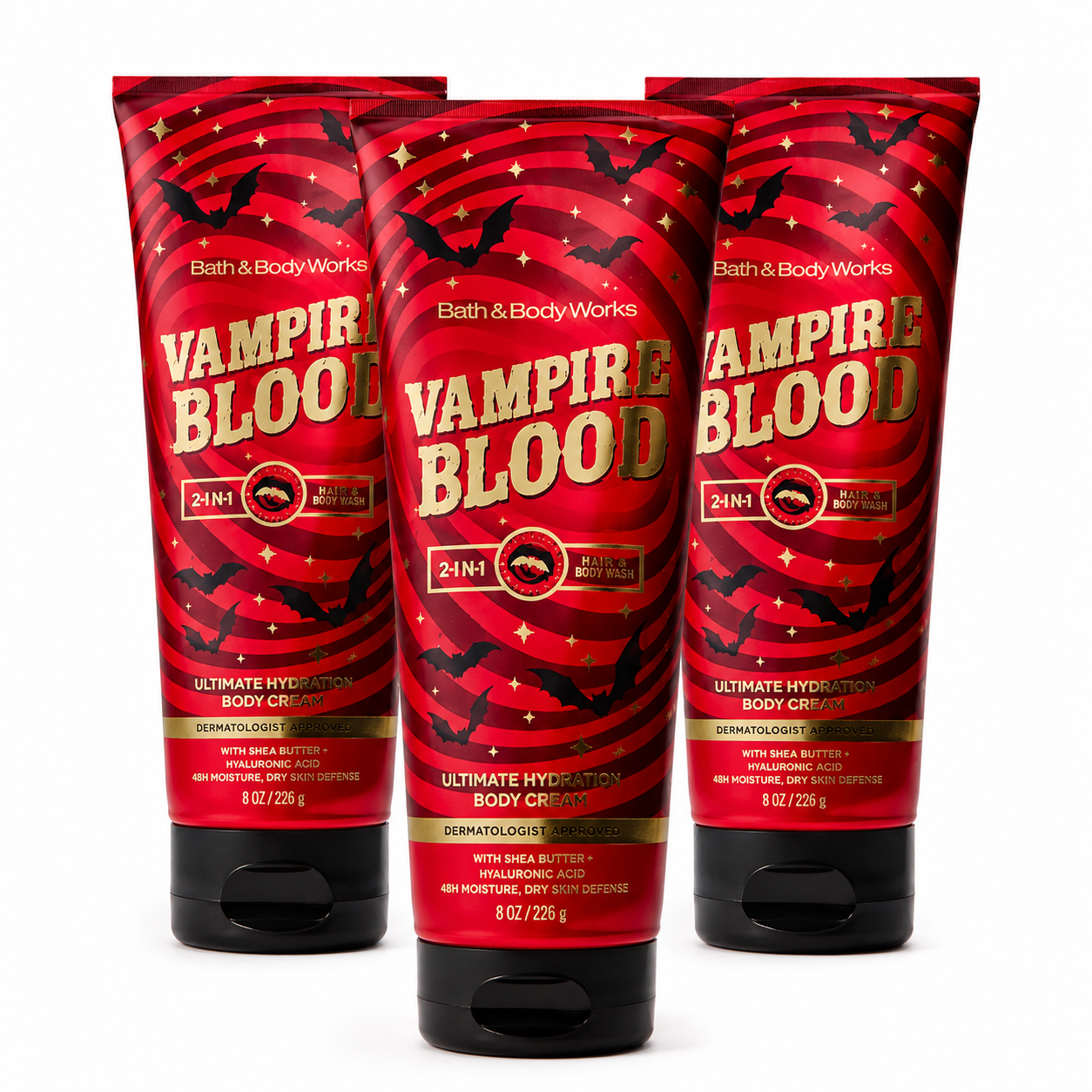 Bath & Body Works Vampire Blood Ultimate Hydration Body Cream 3-pack with one tube in front and two slightly behind on white background
