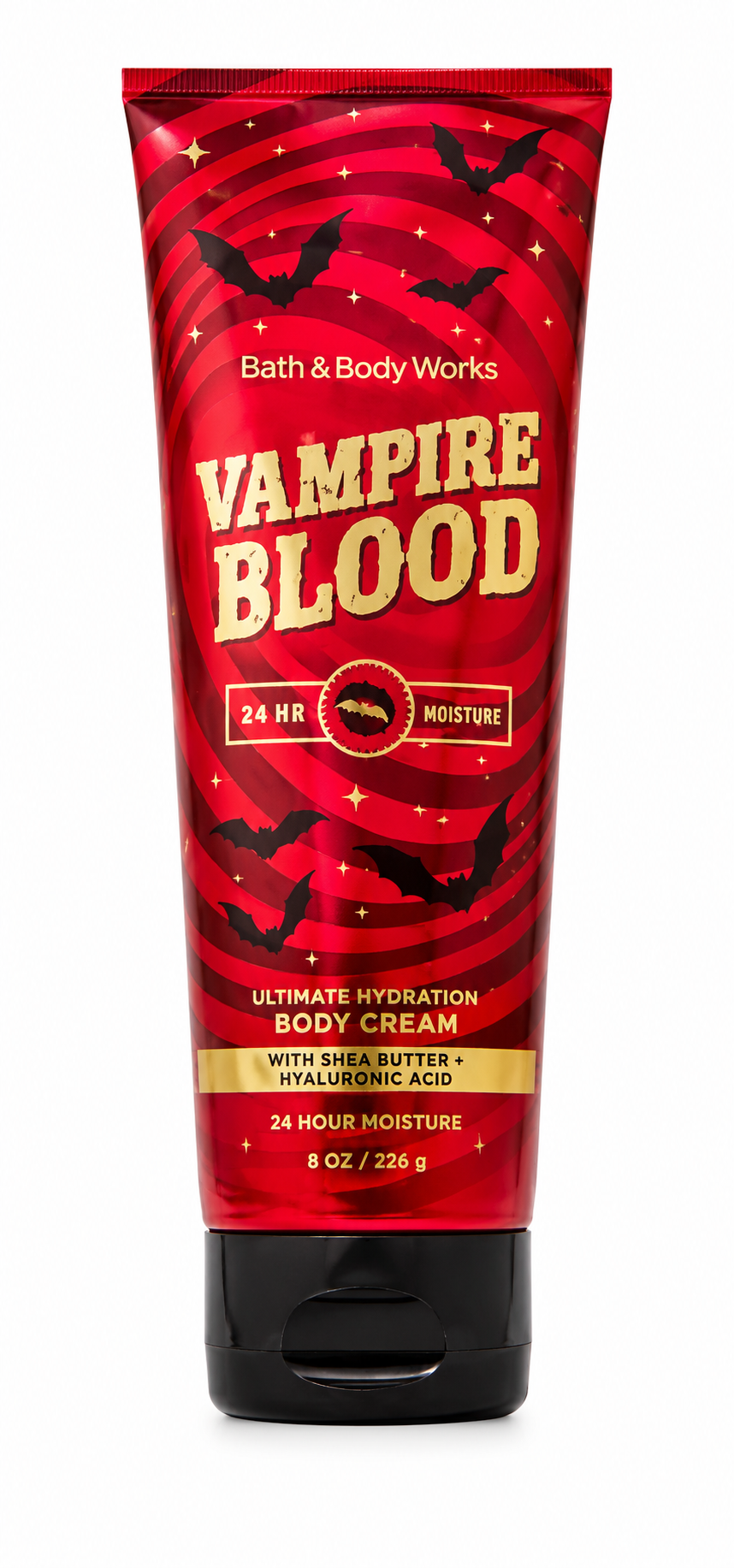 Bath & Body Works Vampire Blood Ultimate Hydration Body Cream in a red squeeze tube with black cap, featuring bat illustrations and gold lettering.