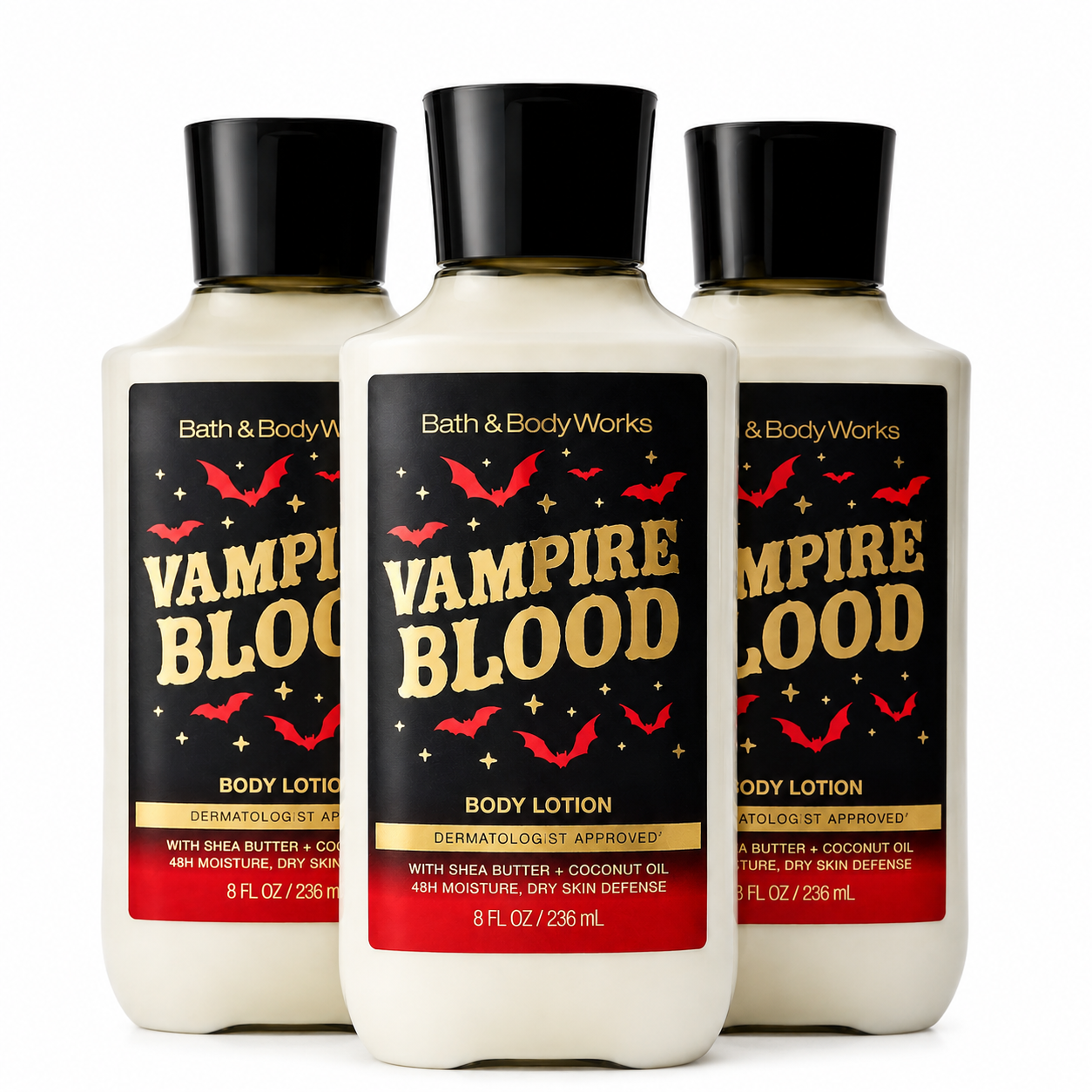 Bath & Body Works Vampire Blood body lotion 3-pack with one bottle in front and two slightly behind on white background