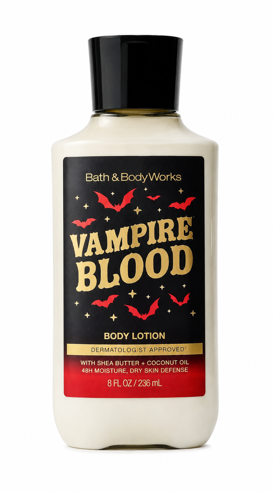 Bath & Body Works Vampire Blood Body Lotion in an 8 fl oz white bottle with a black cap and a black label featuring gold lettering and red accents.