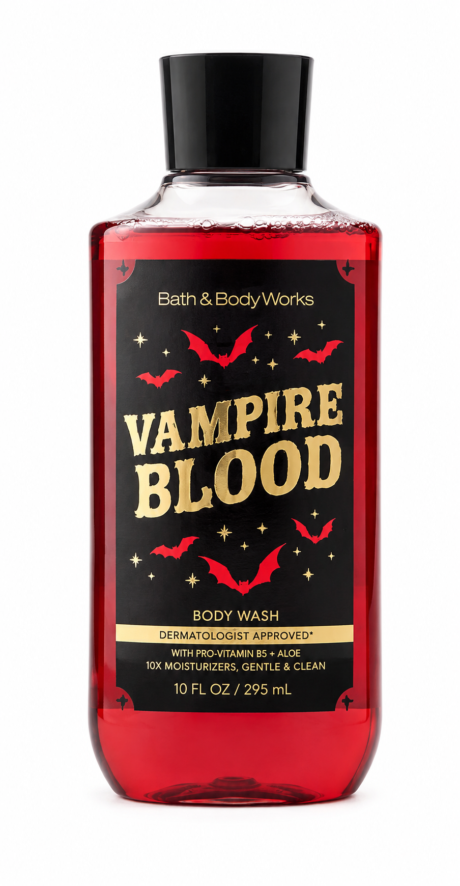 Bath & Body Works Vampire Blood body wash 10 oz bottle with red liquid and black cap on white background