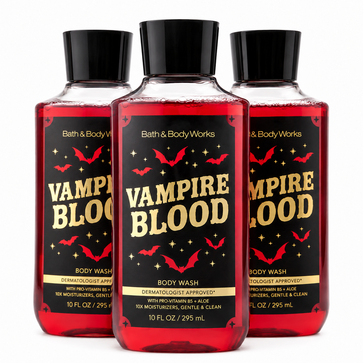 Bath & Body Works Vampire Blood body wash 3-pack with one bottle in front and two slightly behind on white background