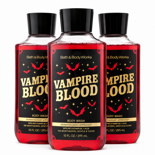 Bath & Body Works Vampire Blood body wash 3-pack with one bottle in front and two slightly behind on white background