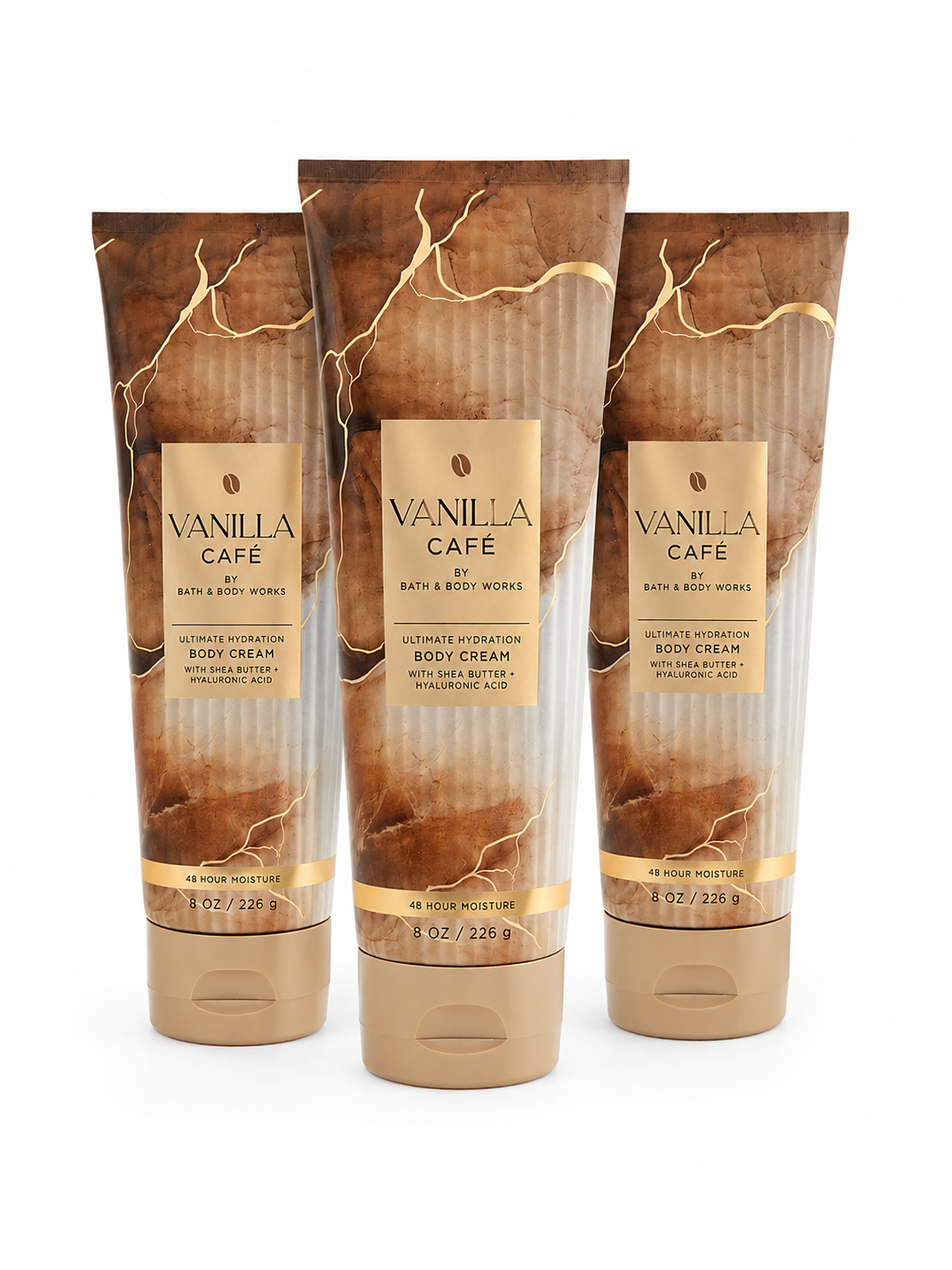 Bath & Body Works VANILLA CAFÉ Ultimate Hydration Body Cream 3-Pack featuring cozy vanilla and coffee scent with Shea Butter and Hyaluronic Acid on pure white background
