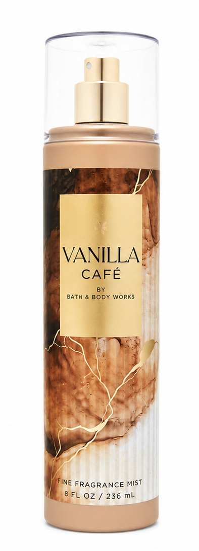Bath & Body Works VANILLA CAFÉ Fine Fragrance Mist 8 oz single bottle featuring creamy vanilla and coffee-inspired gourmand fragrance notes on a pure white background