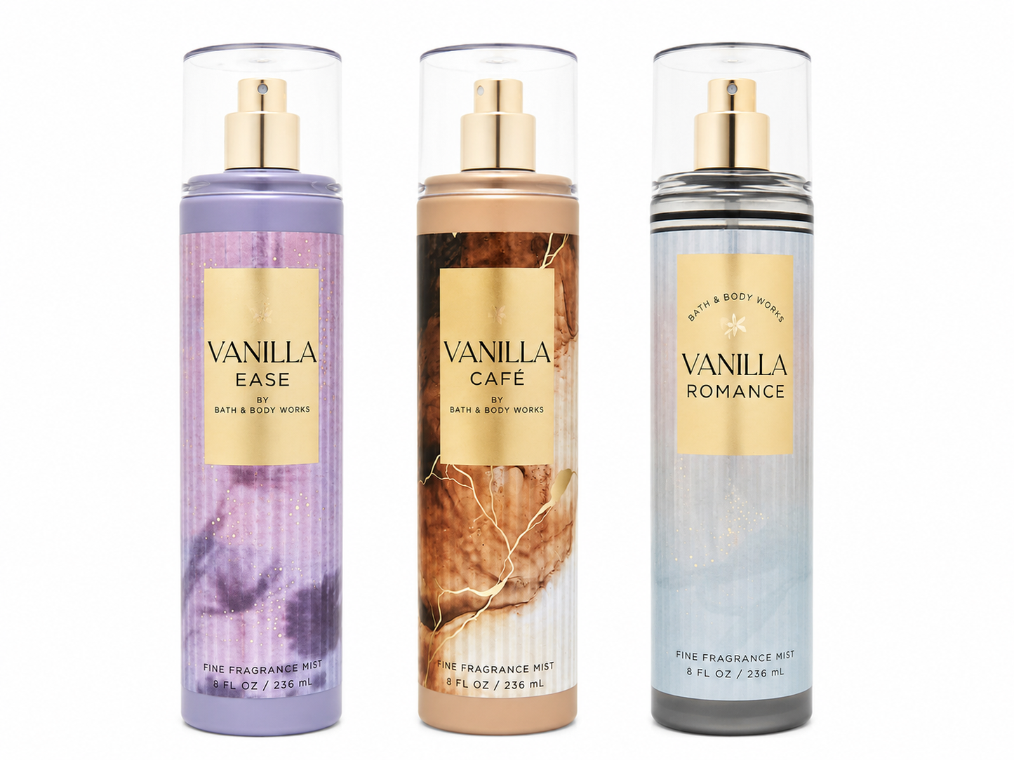 Bath & Body Works Vanilla Collection Fine Fragrance Mist 3-Pack featuring VANILLA EASE, VANILLA CAFÉ and VANILLA ROMANCE 8 oz fragrance mists on a pure white background