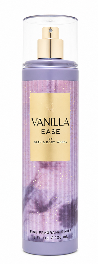 Bath & Body Works VANILLA EASE Fine Fragrance Mist 8 oz single bottle featuring a soft comforting vanilla fragrance with relaxing aromatherapy-inspired notes on a pure white background