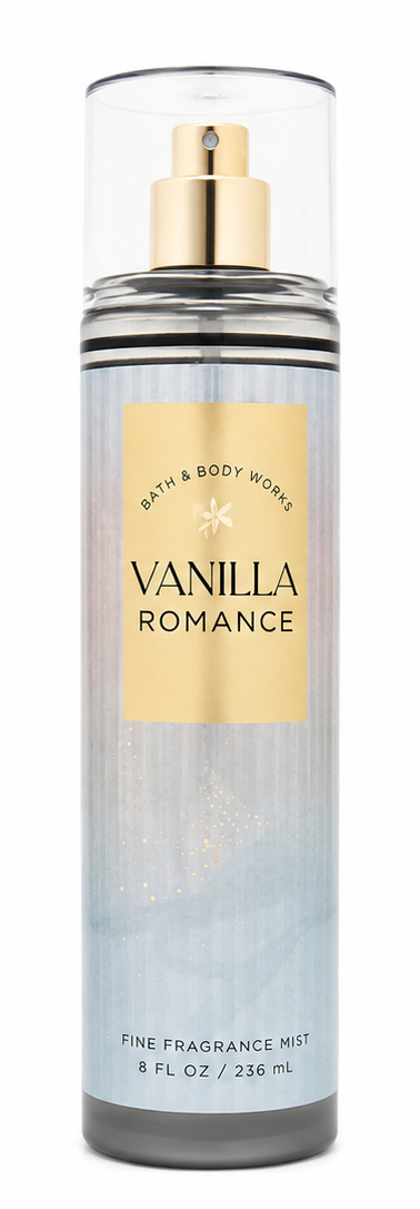 Bath & Body Works VANILLA ROMANCE Fine Fragrance Mist 8 oz single bottle featuring warm vanilla, woody notes and sophisticated feminine fragrance on a pure white background
