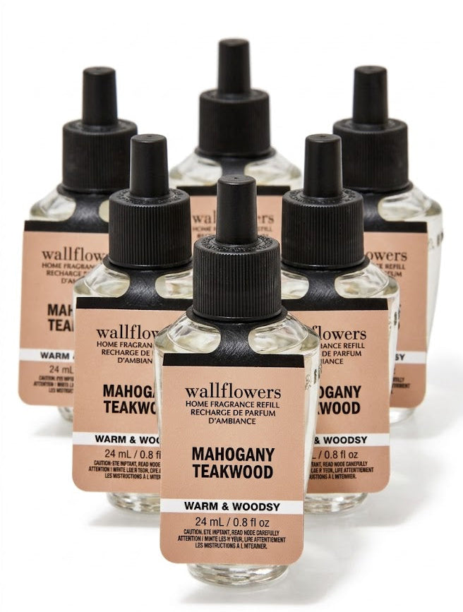 Bath & Body Works Wallflowers Mahogany Teakwood refill 6 pack, warm and woodsy home fragrance oil for long lasting room scent diffusion