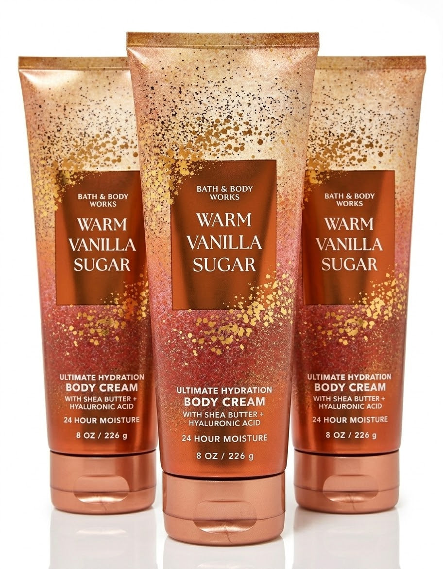 Shop Bath & Body Works Warm Vanilla Sugar Ultimate Hydration Body Cream, 8 oz (226 g) - Set of 3 moisturizing lotions with Shea Butter and Hyaluronic Acid. 24-hour moisture for dry skin, professional catalog photography on white background.