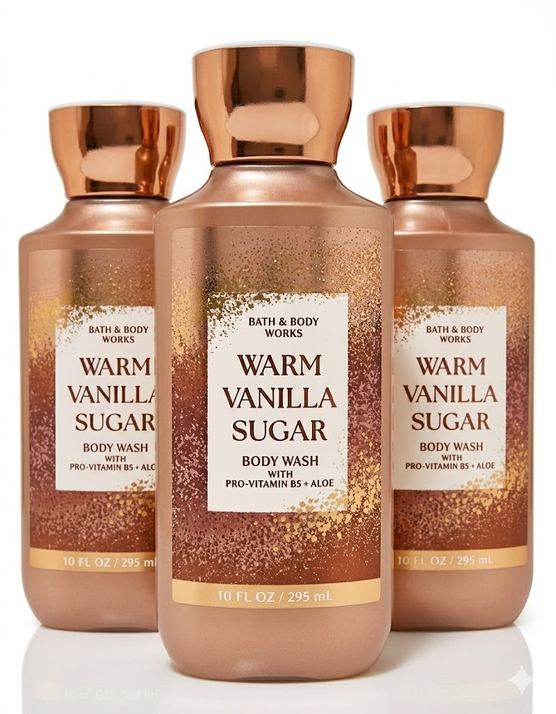Shop Bath & Body Works Warm Vanilla Sugar Body Wash, 10 fl oz (295 mL) - Set of 3 moisturizing shower gels with Pro-Vitamin B5 and Aloe. Long-lasting vanilla scent for dry skin, professional catalog photography on white background.
