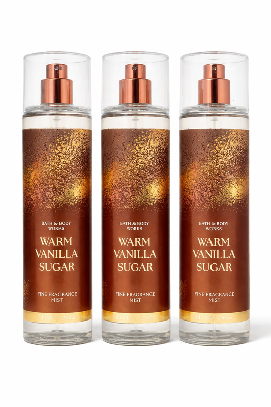 Bath & Body Works WARM VANILLA SUGAR Fine Fragrance Mist 3-Pack Bundle 8 fl oz each sweet vanilla scent My Wrinkles Gone