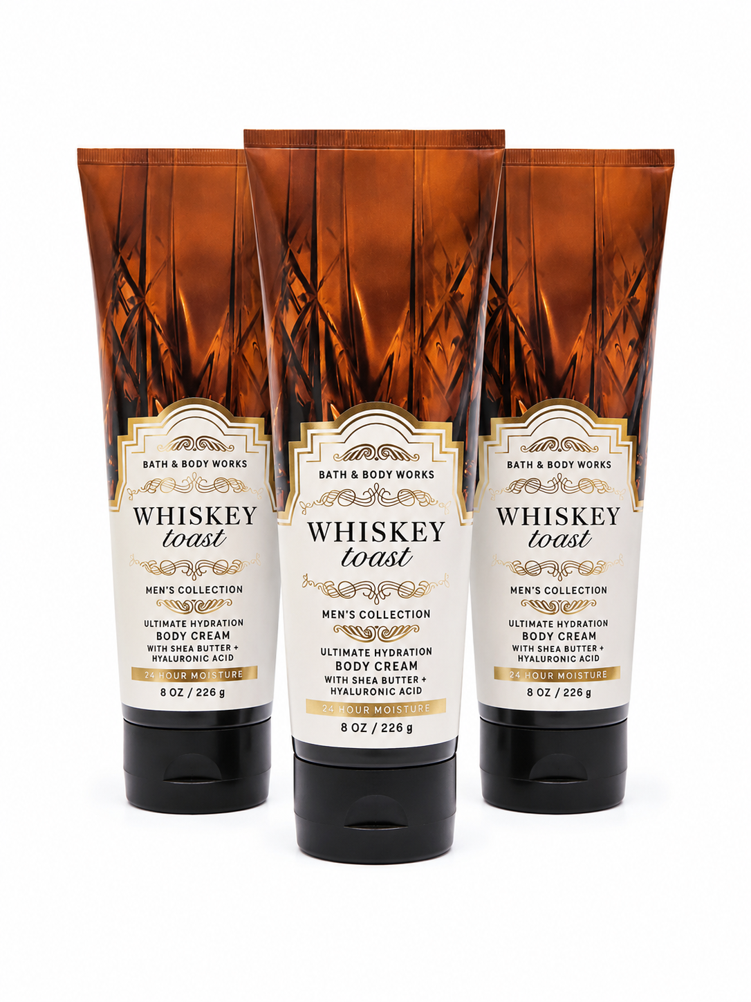 Bath & Body Works WHISKEY TOAST Ultimate Hydration Body Cream 3-Pack 8 oz tubes featuring warm woody masculine fragrance and long-lasting moisture on pure white background
