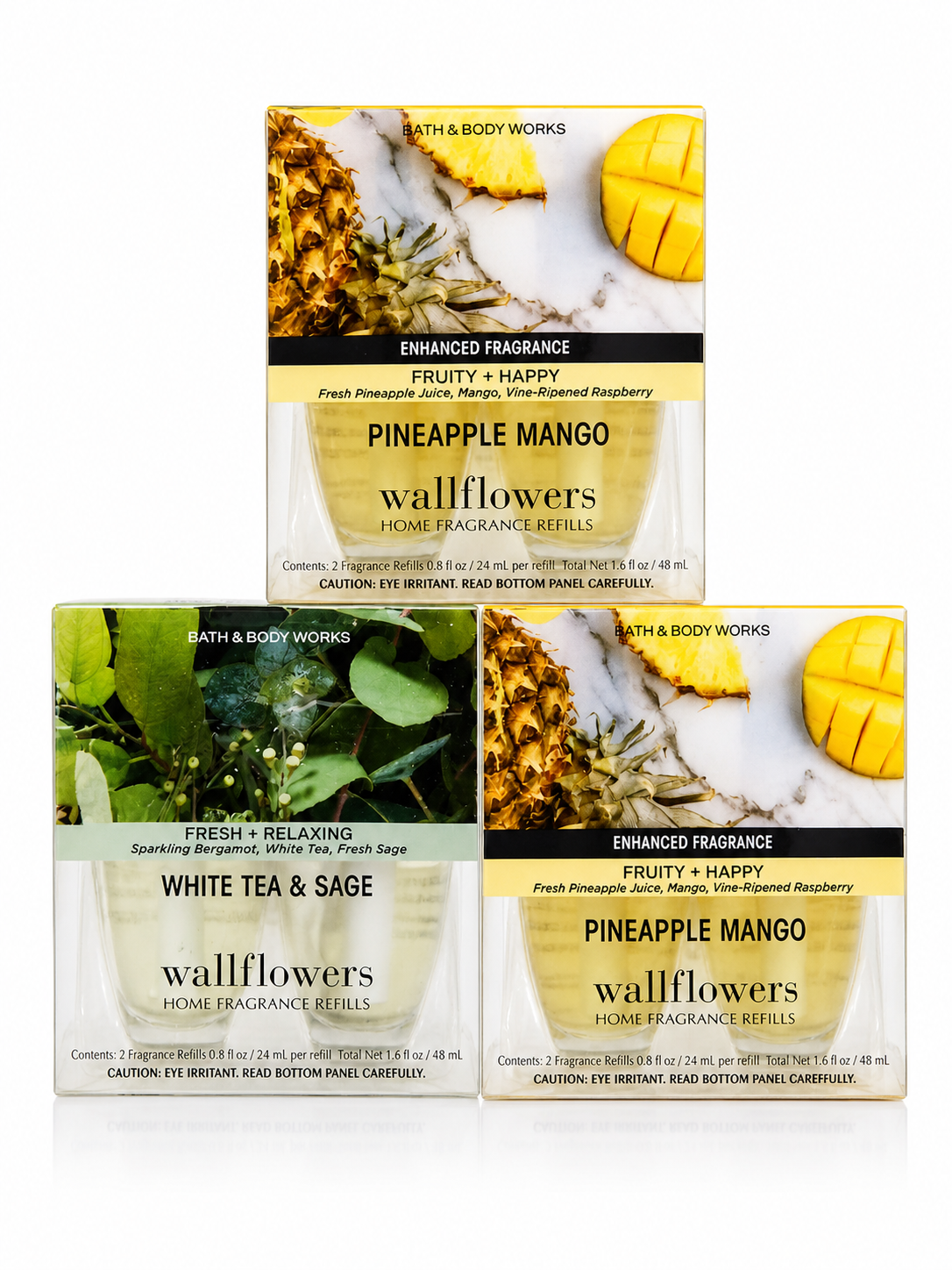 Bath & Body Works WHITE TEA & SAGE and PINEAPPLE MANGO Wallflowers 3 pack bundle with 6 home fragrance refills