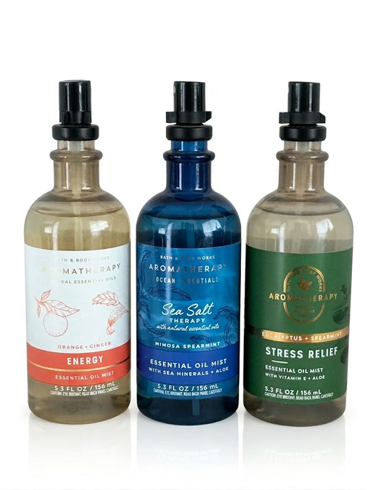 Bath & Body Works aromatherapy essential oil mist 3 pack with sea salt therapy eucalyptus spearmint stress relief and orange ginger energy scents