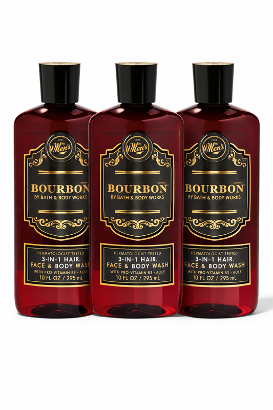 Bath & Body Works BOURBON 3-in-1 Hair Face Body Wash 3-Pack 10 oz each for men shower gel shampoo masculine scent long lasting
