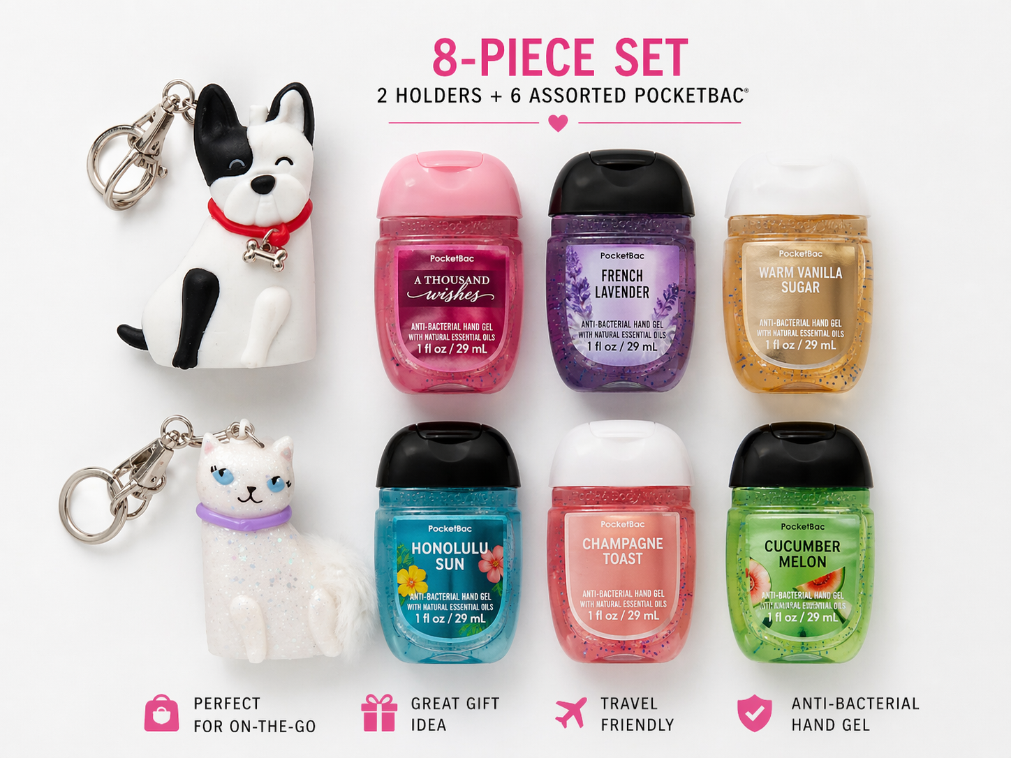 Bath & Body Works 8 piece PocketBac gift set with dog and cat holder and 6 assorted hand sanitizers bundle