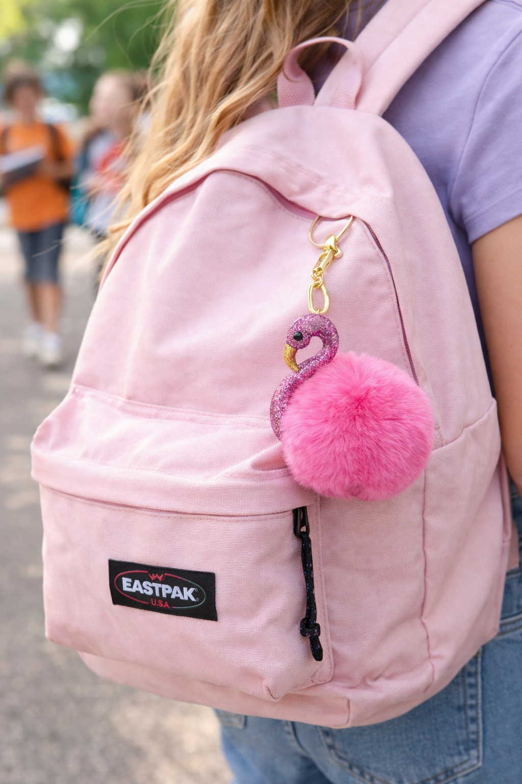 pink flamingo PocketBac holder hanging on backpack teen girl lifestyle sanitizer holder cute trendy accessory My Wrinkles Gone
