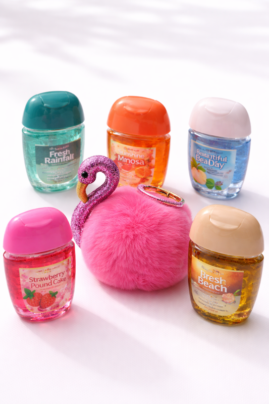 pink flamingo PocketBac holder with hand sanitizers set Bath & Body Works style colorful pocketbac gels cute gift My Wrinkles Gone