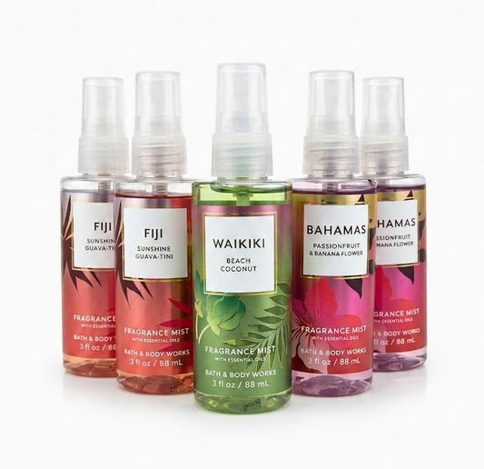Bath & Body Works summer mini fragrance mist set with Fiji Waikiki and Bahamas tropical scents travel size bundle